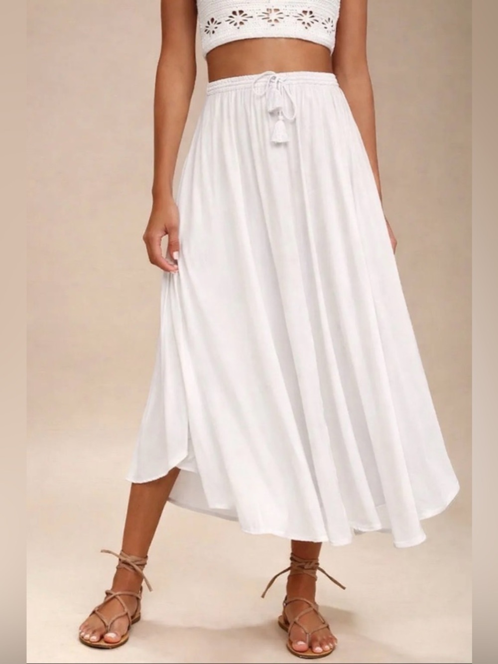 Flowy Boho Midi Skirt White Elastic Waist NWT | Mint Choco | M
